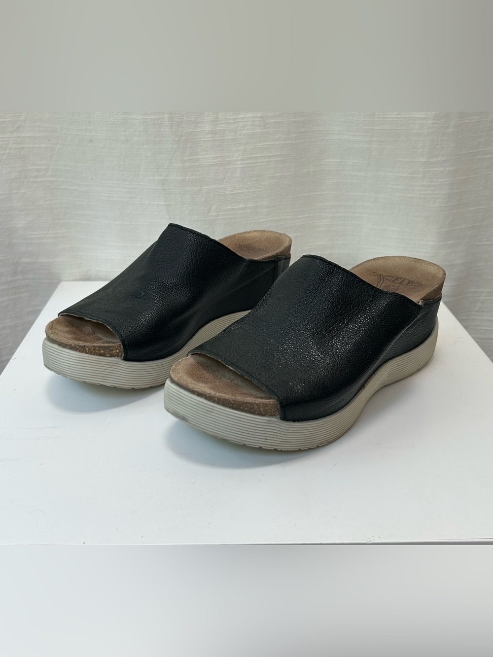 FLY London Women’s Black Leather Slide Platform Sandals with Cushioned Footbed